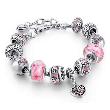 Dreamcatcher-Style Rose-Pink Beaded Bracelet with Large Holes and Diamond Accents Stylized Metal Bracelet