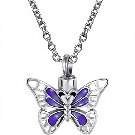 GMXLin Cremation Urn Necklace Ashes Butterfly Memorial Keepsake Pendant Rubber Stainless Steel Chain Funnel